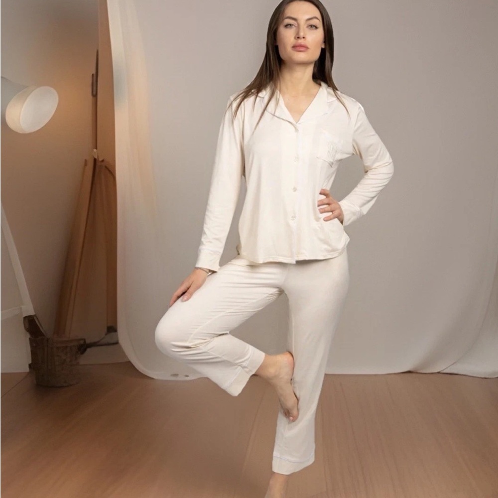 RAE DUNN Pajamas Medium Ivory/Pale Yellow 'Coffee Please' Long Sleeve Pants Set